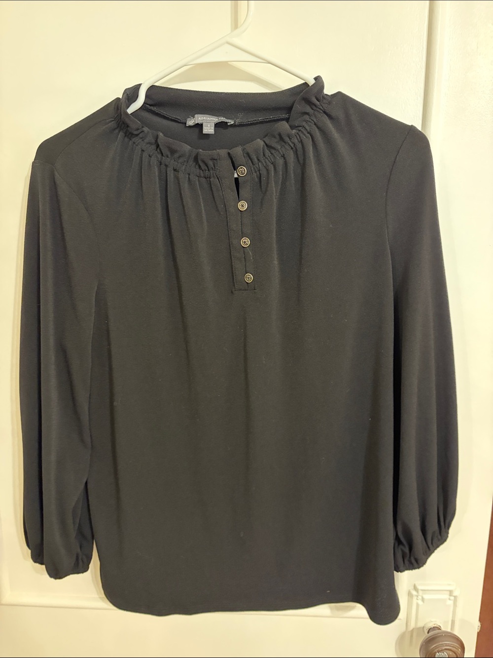 Adrianna Papell Black Ruffled Collar Long-Sleeve Henley Top